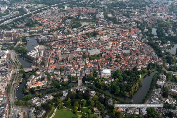 Netherlands, aerial view of the dutch historic fortified city Zwolle, in the province of Overijssel. 
